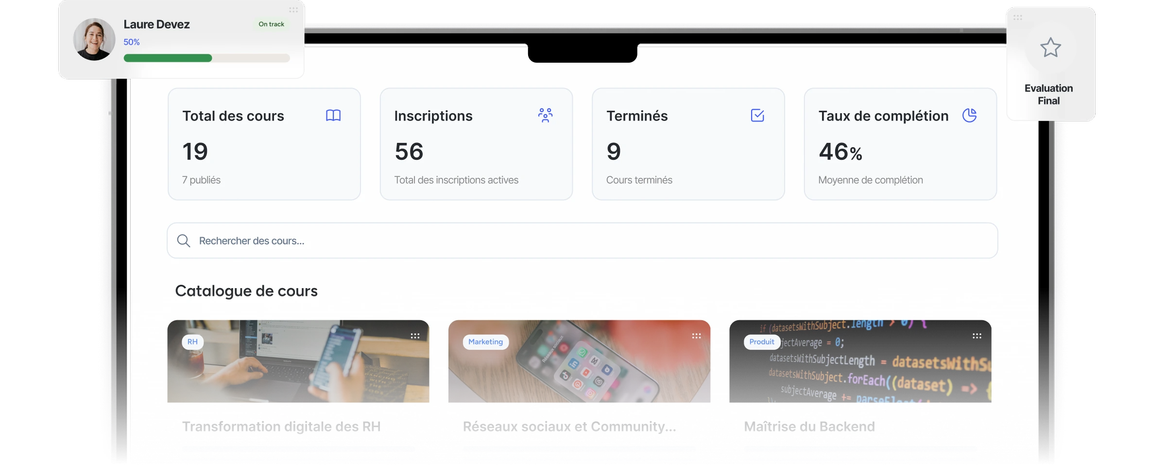 Tableau de bord de Sesame Learning avec les métriques de formation