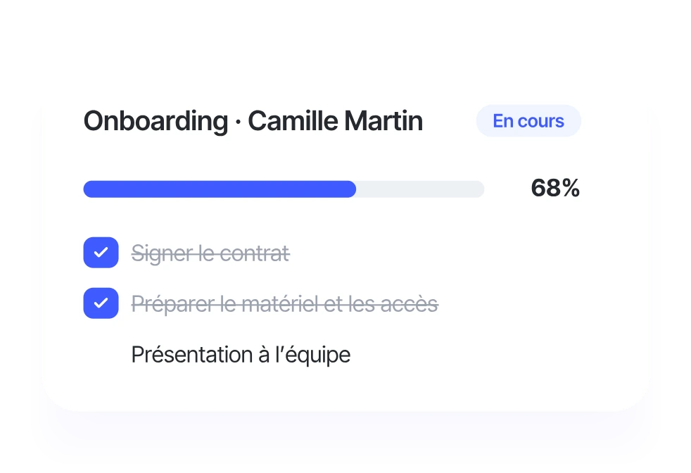 Checklist d'onboarding avec les tâches réalisées dans Sesame