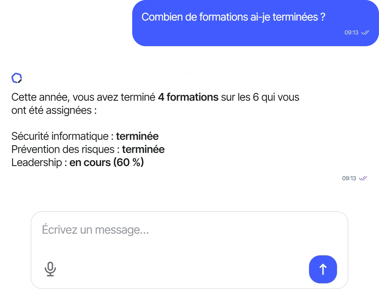 Réponse sur les formations terminées cette année, détaillées une par une