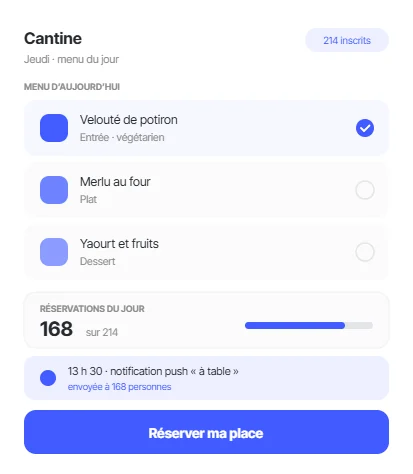 Application cantine avec le menu du jour, les réservations et la notification push
