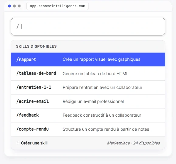 Palette de skills de Sesame Studio avec les raccourcis que l’équipe enregistre et réutilise